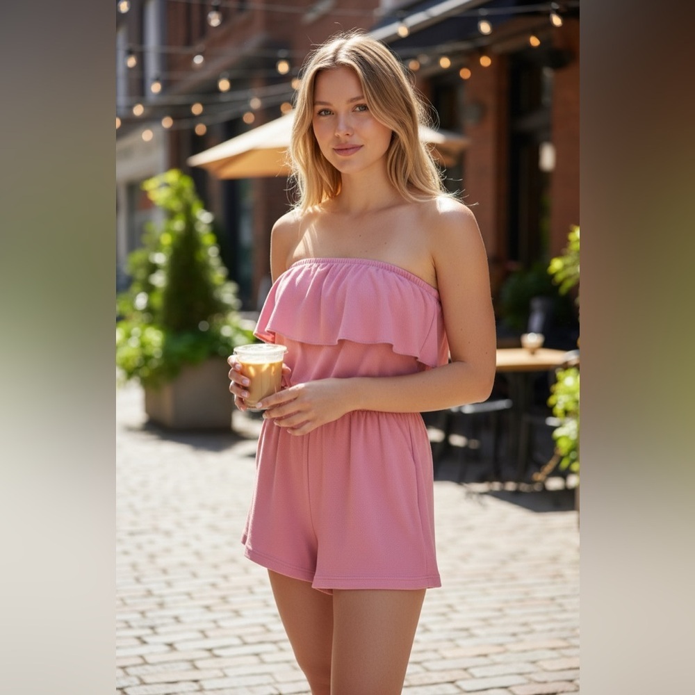 vintage 80s pink strapless romper textured ruffle playsuit medium festival